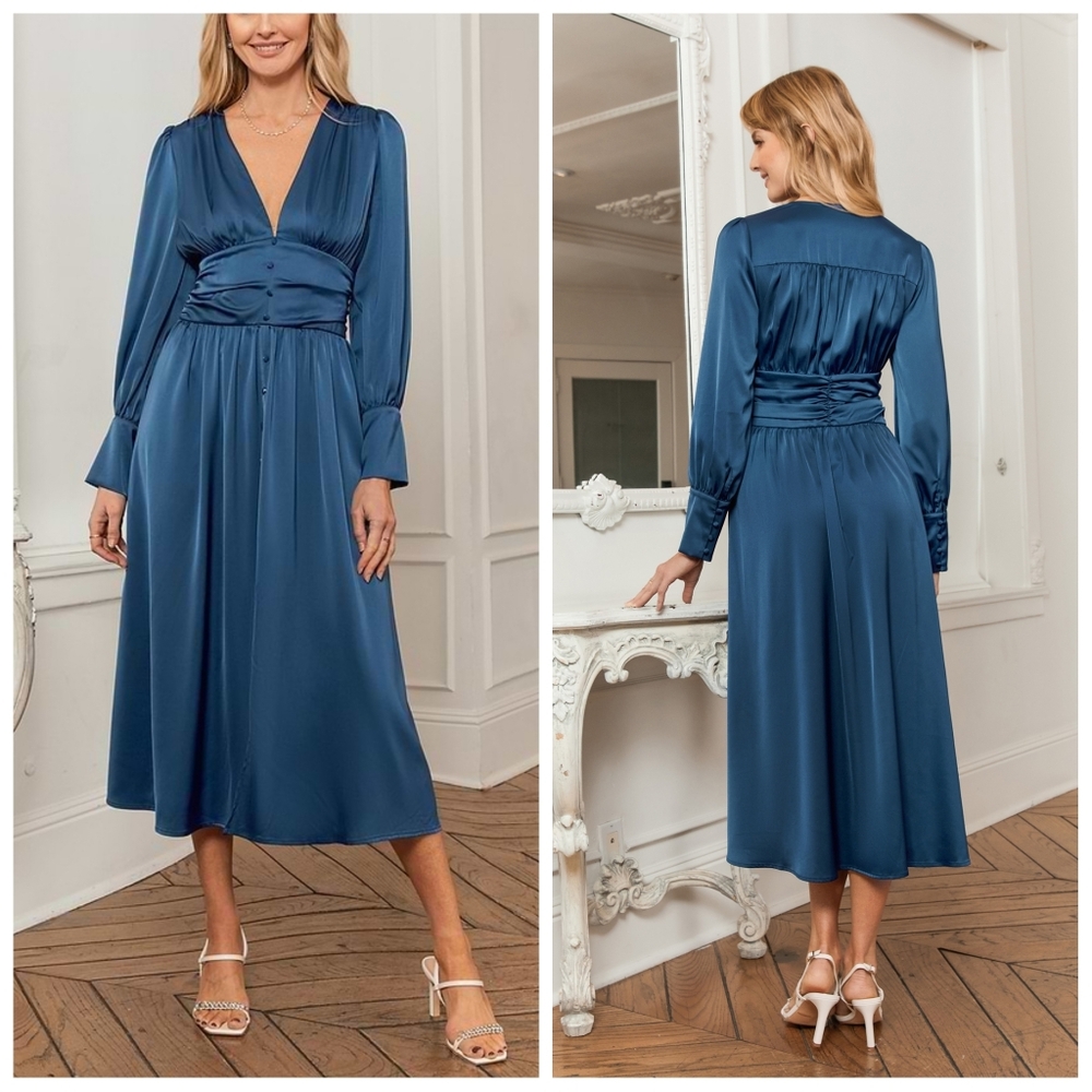 Cupshe Blue Satin Plunging Long Sleeve Maxi Dress | Elegant Evening Dress | S |
